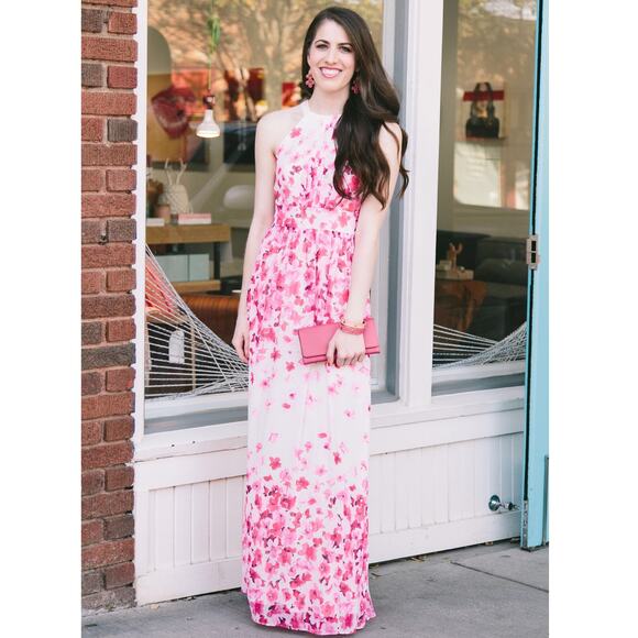 Eliza J Pink Floral Chiffon Maxi Dress Halter Pleated - Picture 1 of 13